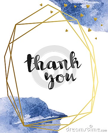 Vector background with blue watercolor brush strokes and the inscription `thank you`. Watercolor splatters. Vector Illustration